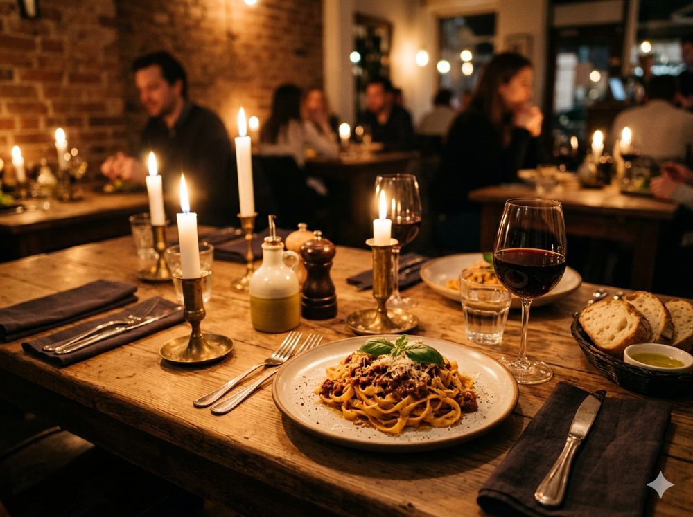 Gedeckter Tisch bei Kerzenlicht in einem Restaurant