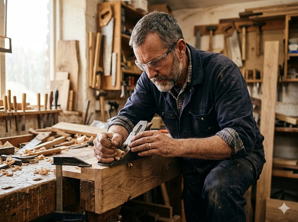 Handwerker hobelt ein Werkstück in seiner Werkstatt