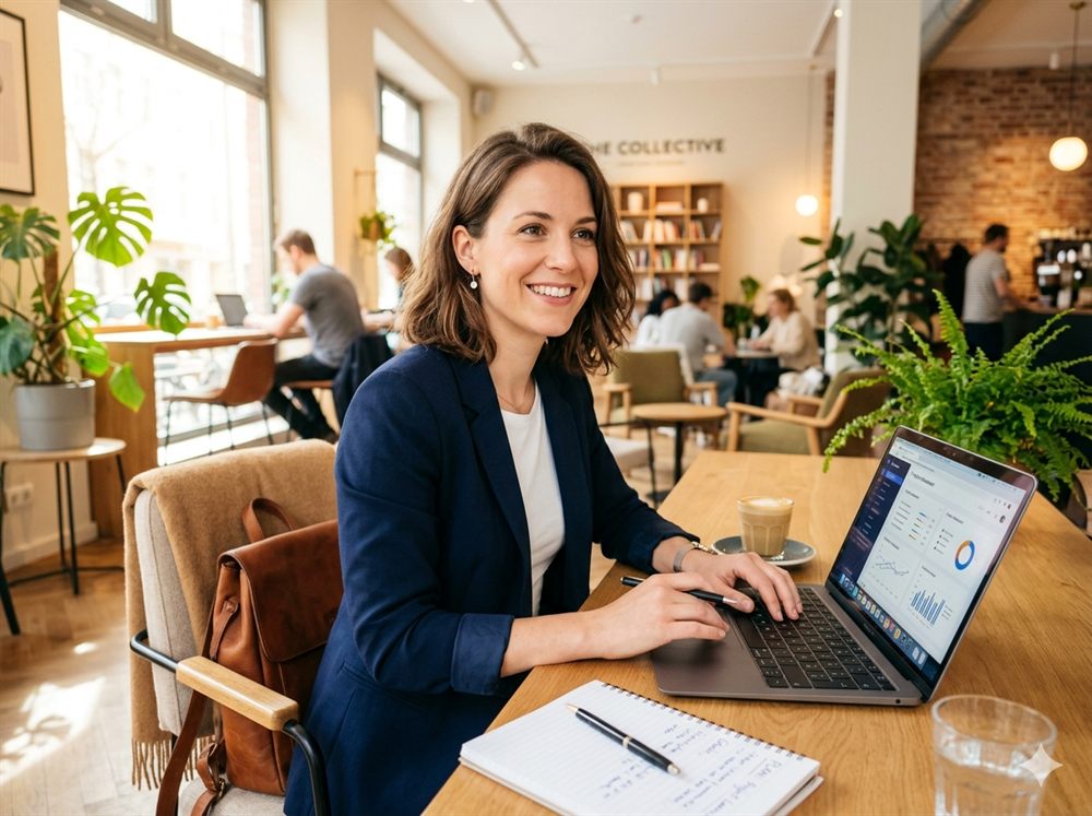 Selbstständige mit Laptop an einem Tisch in einem Café