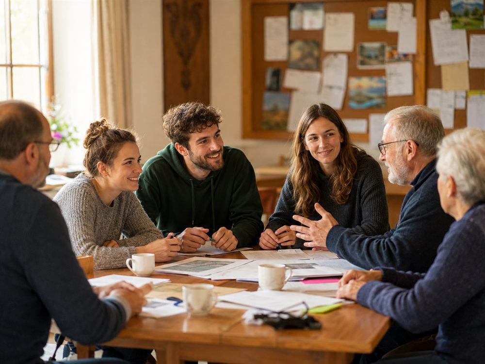 Vereinsmitglieder verschiedener Generationen bei einer Besprechung am Tisch